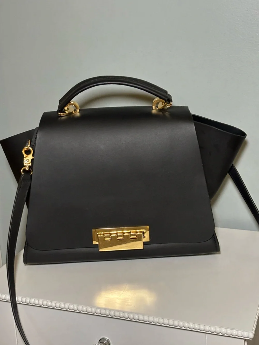 Zac Posen Eartha Black Leather Top Handle Crossbody Bag
